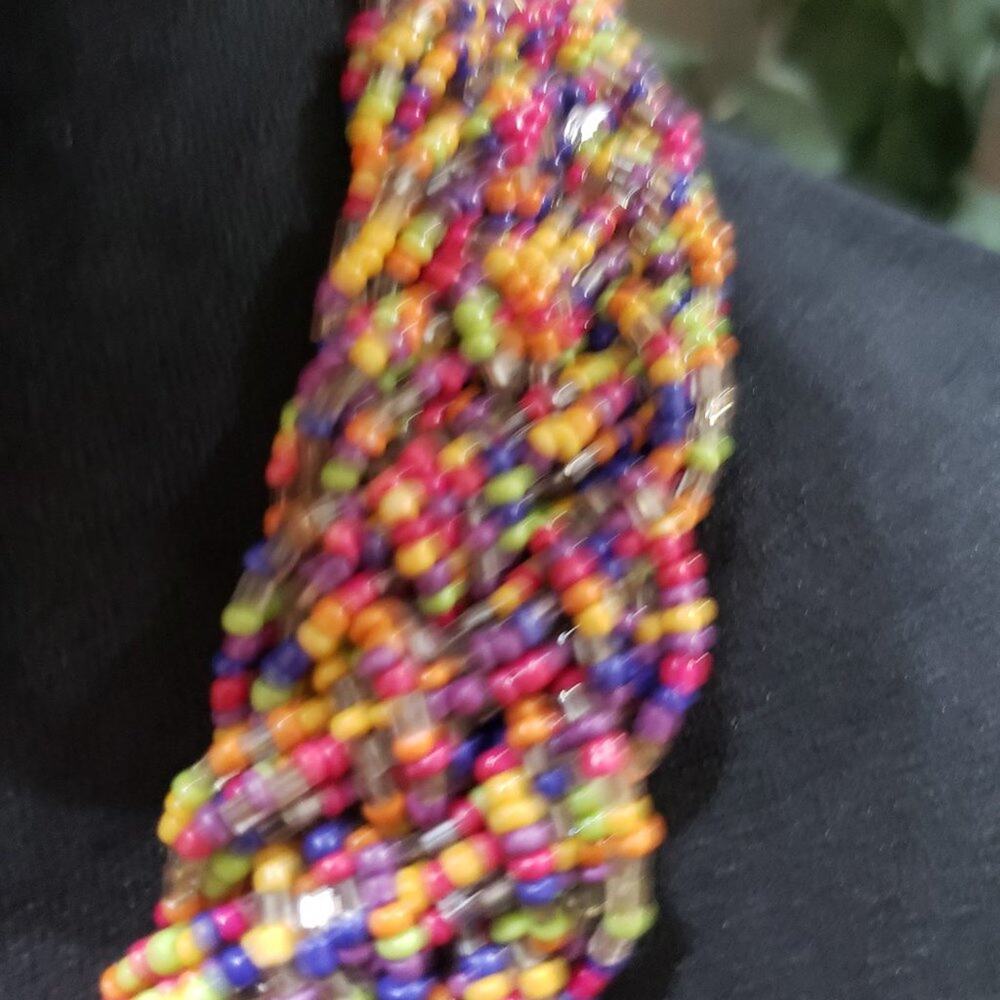 Womens Wide Braided Seed Bead Multi Strand Statement Necklace with Lobster Clasp - Picture 4 of 6